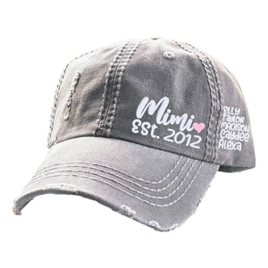 Women's Custom Name Text Nickname Est. Year Hat, Kids Child Grandchildren Names, Mimi Lala Yaya Gigi Lala GamGam Grammy Glamma Etc, Baseball or High Ponytail Cap, Birthday