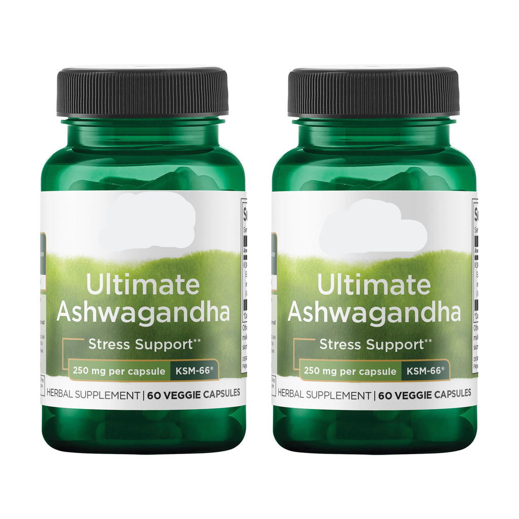 Two bottles of Swanson Ultimate Ashwagandha supplement on a white background
