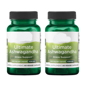 Two bottles of Swanson Ultimate Ashwagandha supplement on a white background