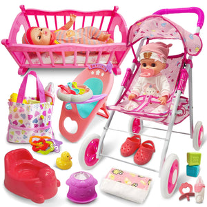 Baby Doll Toys Set with Stroller, Crib, Dining Chair, Realistic Doll Accessories for Kids Pretend Play, Dolls Care Toys Playset for Girls Toddler Ages 3 4 5 6