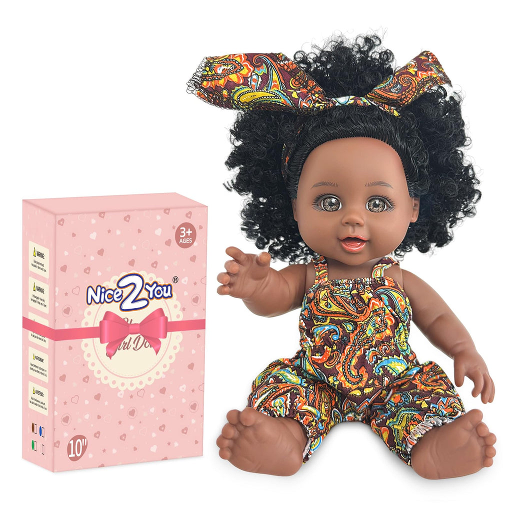 Nice2you Black Baby Doll, 10 inch American African Girl Doll with Dress, Realistic Reborn for Kids Aged 2 3 4 5 6, Silicone Small Toy Curly Hair Birthday Gift, Brown, BD-1