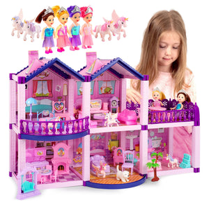 Dollhouse with 4 Princesses, 4 Unicorns, Dog, Furniture and Accessories - Pink and Purple Dream Doll House Toy for Little Girls - 5 Rooms w/Garden, Furniture and Accessories, Gift for Girls Ages 2-7