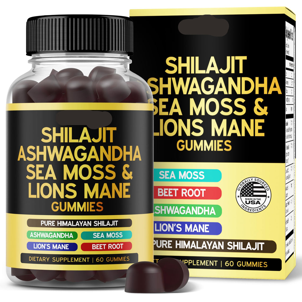 Bottle and packaging of Dorado Nutrition Shilajit Ashwagandha Sea Moss & Lions Mane Gummies.