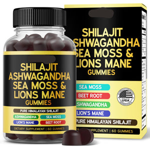 Bottle and packaging of Dorado Nutrition Shilajit Ashwagandha Sea Moss & Lions Mane Gummies.