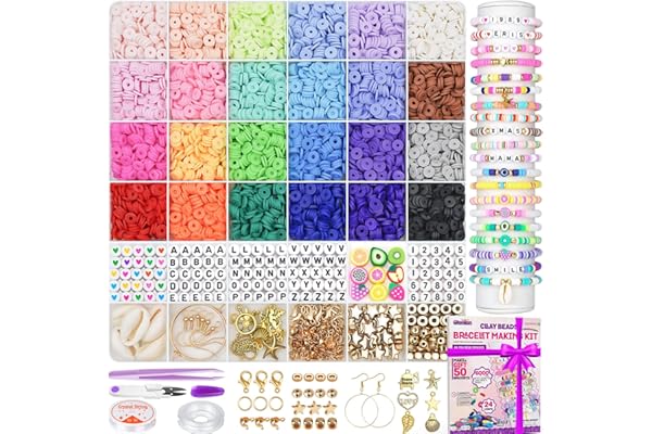 Gionlion 6000 Clay Beads Bracelet Making Kit, 24 Colors Flat Preppy Beads for Friendship Bracelets, Polymer Clay Bead with Charms for Jewelry Making, Crafts Gifts for Girls Ages 6-12