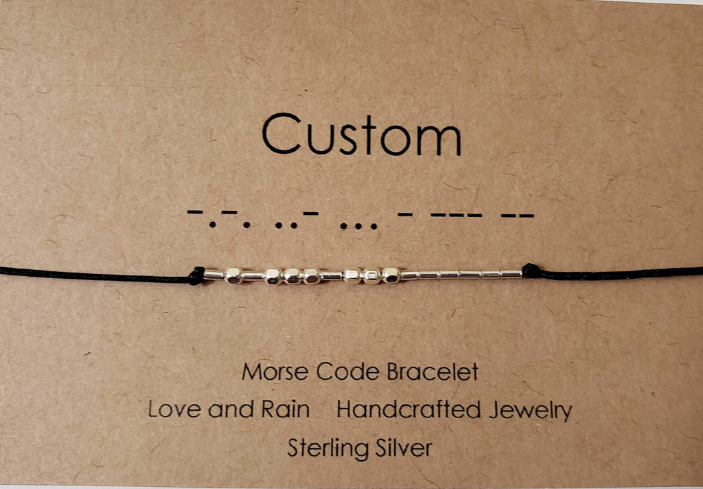 Love and Rain Morse Code Bracelet Custom Sterling Silver Choose your Name, Word or Saying Adjustable Cord