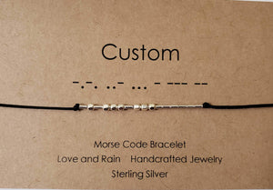 Love and Rain Morse Code Bracelet Custom Sterling Silver Choose your Name, Word or Saying Adjustable Cord