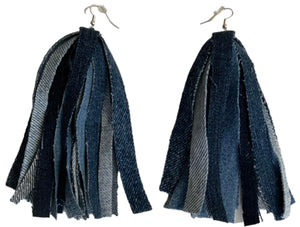 Denim Earrings UpCycled 5 Shades Blue Jeans Fabric Handmade Long Drop Dangle Boho Bohemian Western Cowgirl Chic Streetwear Urban Ethnic Statement Jewelry For Women Girls