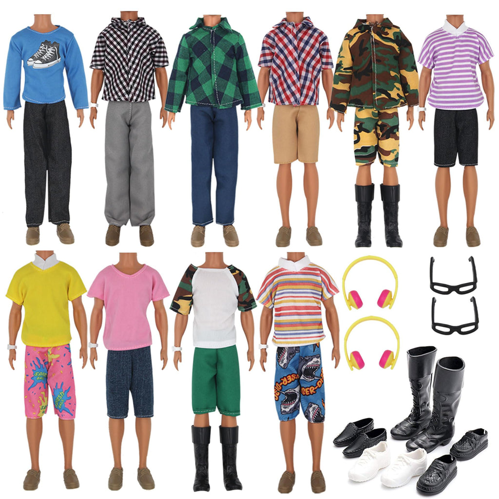 32Pcs Doll Clothes and Accessories for 12 Inch Boy Dolls Include 20 Different Wear Clothes Shirt Jeans Beach Shorts 4 Pairs of Shoes, Glasses, Earphones for 12'' Boy Doll