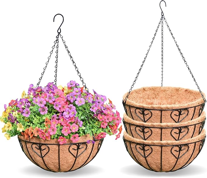 4 Pack 12 Inch Hanging Baskets for Plants Outdoor Metal Hanging Planter Basket with Coco Coir Liner Hanging Flower Baskets Hangings Flower Pots Holder for Garden, Patio(AX)