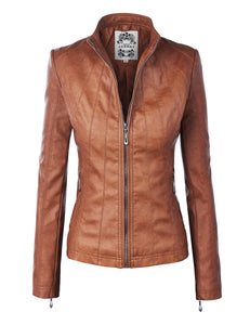 Made By Johnny MBJ Womens Faux Leather Zip Up Moto Biker Jacket with Stitching Detail