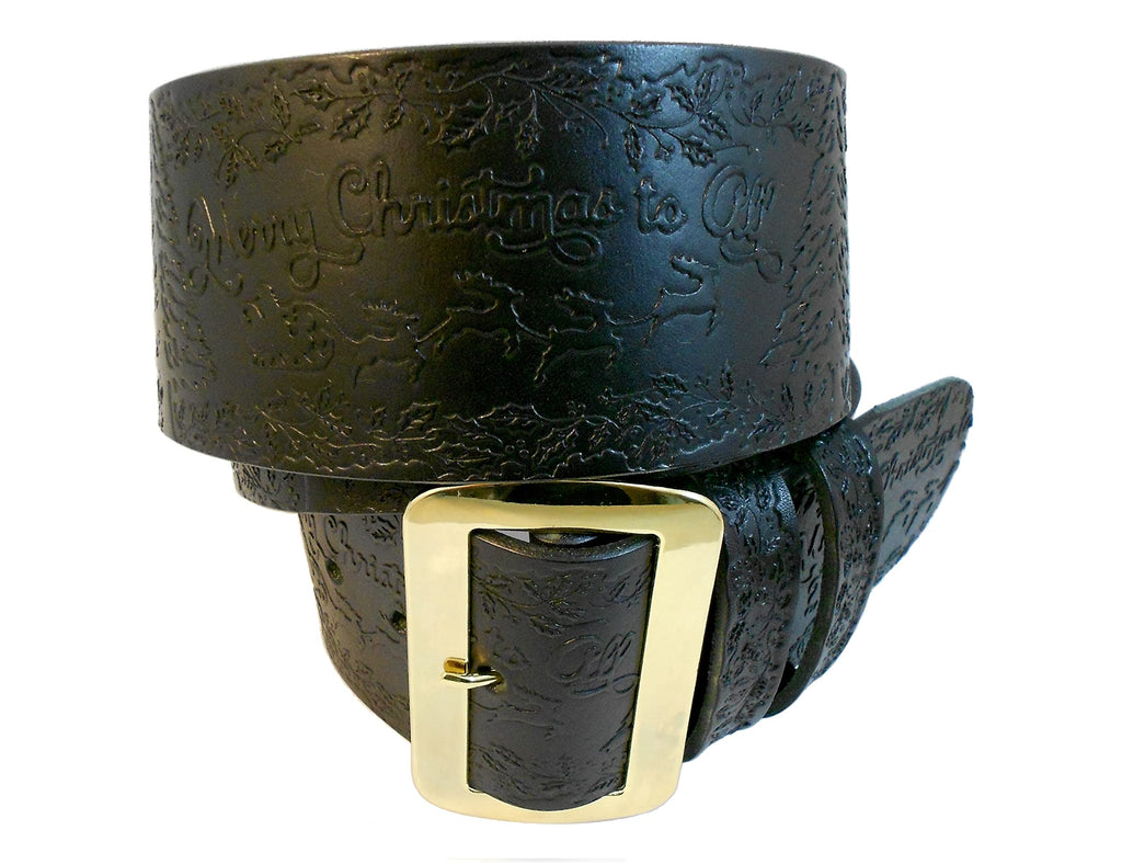 The ORIGINAL "Merry Christmas to All" Genuine Tooled Leather Santa Claus Belt and Buckle, MADE in USA -, Top Grain, 2 Keepers, 6 Sizes