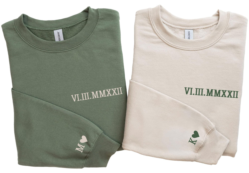 Custom Roman Numeral Sweatshirt Couple Sweatshirt Initial on Sleeve for Couples Personalized Couple Sweater Valentines Day Gift for Wedding Engagement