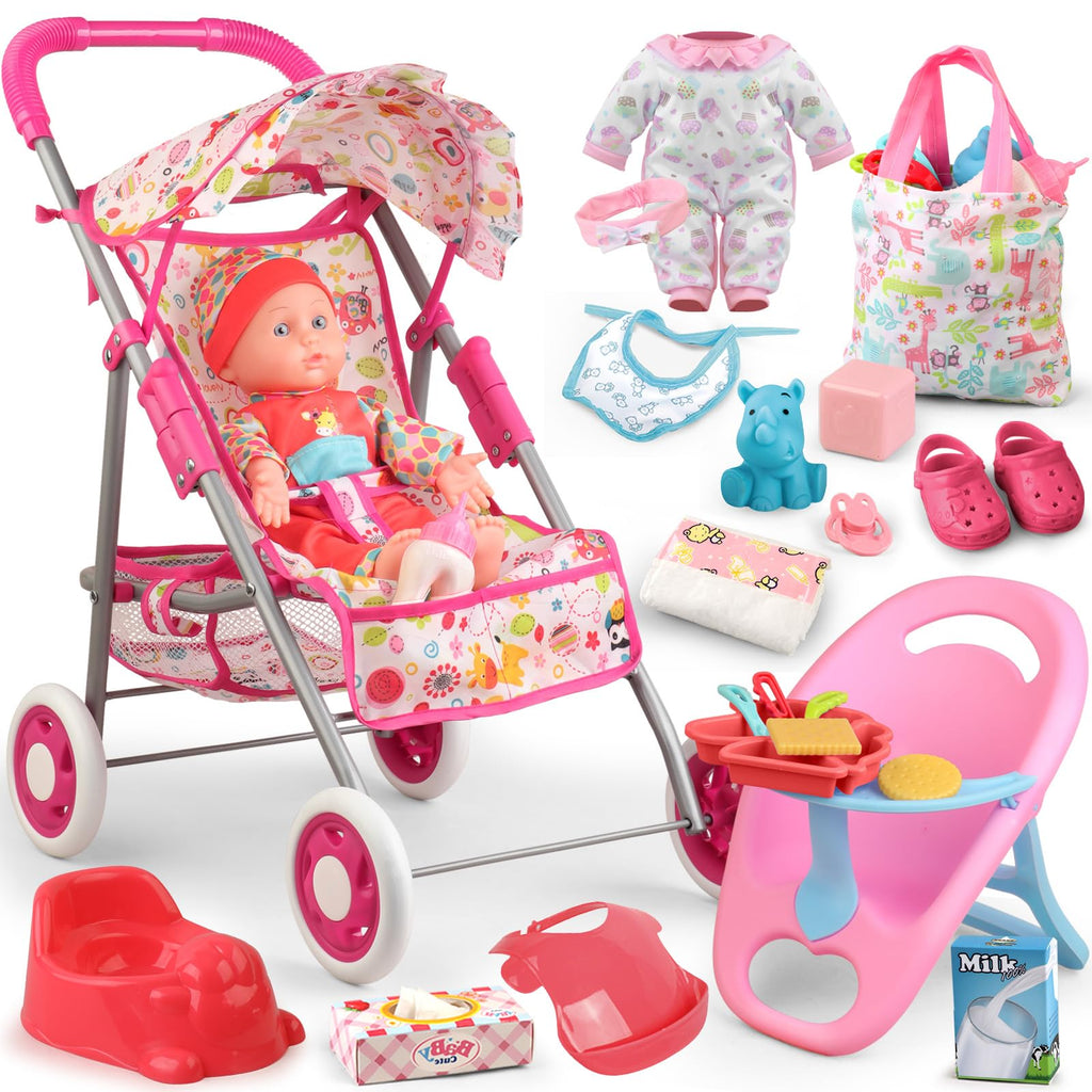 Baby Doll Stroller Set Toys for Girls Toddlers 3-5 4-6 Gifts,Baby Doll Set with 12.5 inch Doll,1 Baby Dining Chair,20 PCS Baby Doll Accessories and 2 Sets Doll Clothes for Realistic Pretend Play