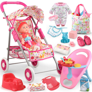 Baby Doll Stroller Set Toys for Girls Toddlers 3-5 4-6 Gifts,Baby Doll Set with 12.5 inch Doll,1 Baby Dining Chair,20 PCS Baby Doll Accessories and 2 Sets Doll Clothes for Realistic Pretend Play