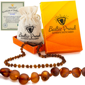 Baltic Proud Amber Necklace (Unisex 12.5 Inches) - Certified Premium Quality Raw Baltic Sea Amber (Cognac raw)