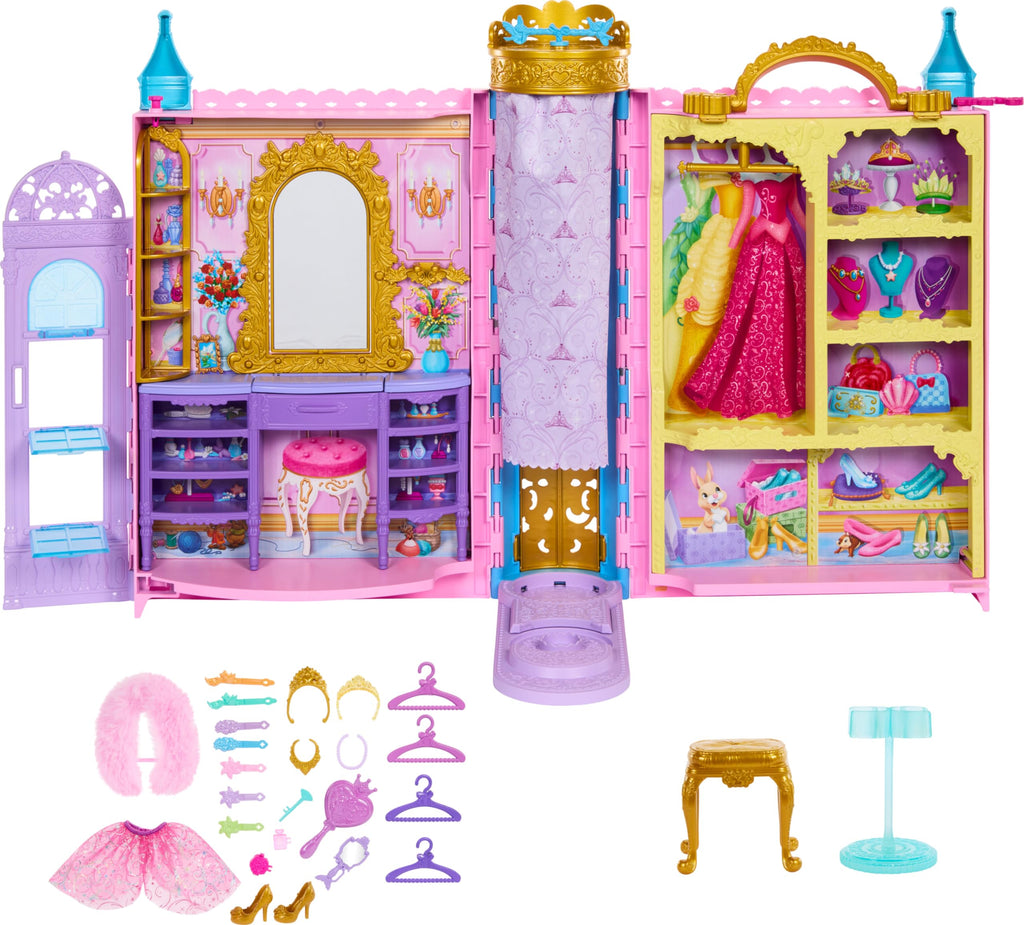 Mattel Disney Princess Toys, Ready for The Ball Closet Playset Opens to 2 Feet Wide & Includes 2 Fashions, 25 Accessories, Storage & More