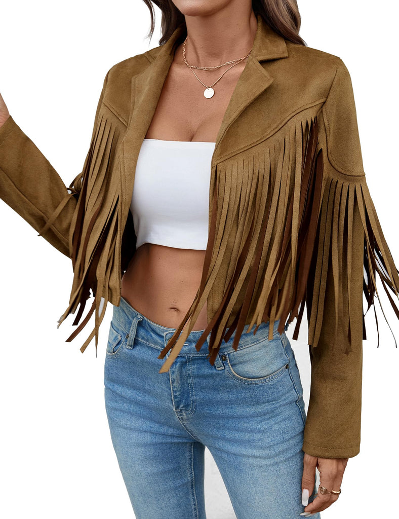 MATEAM Women's Faux Suede Leather Tassel Jackets With Lining Cropped Fringe Coats For Women 2025 Fall Fashion Must Haves