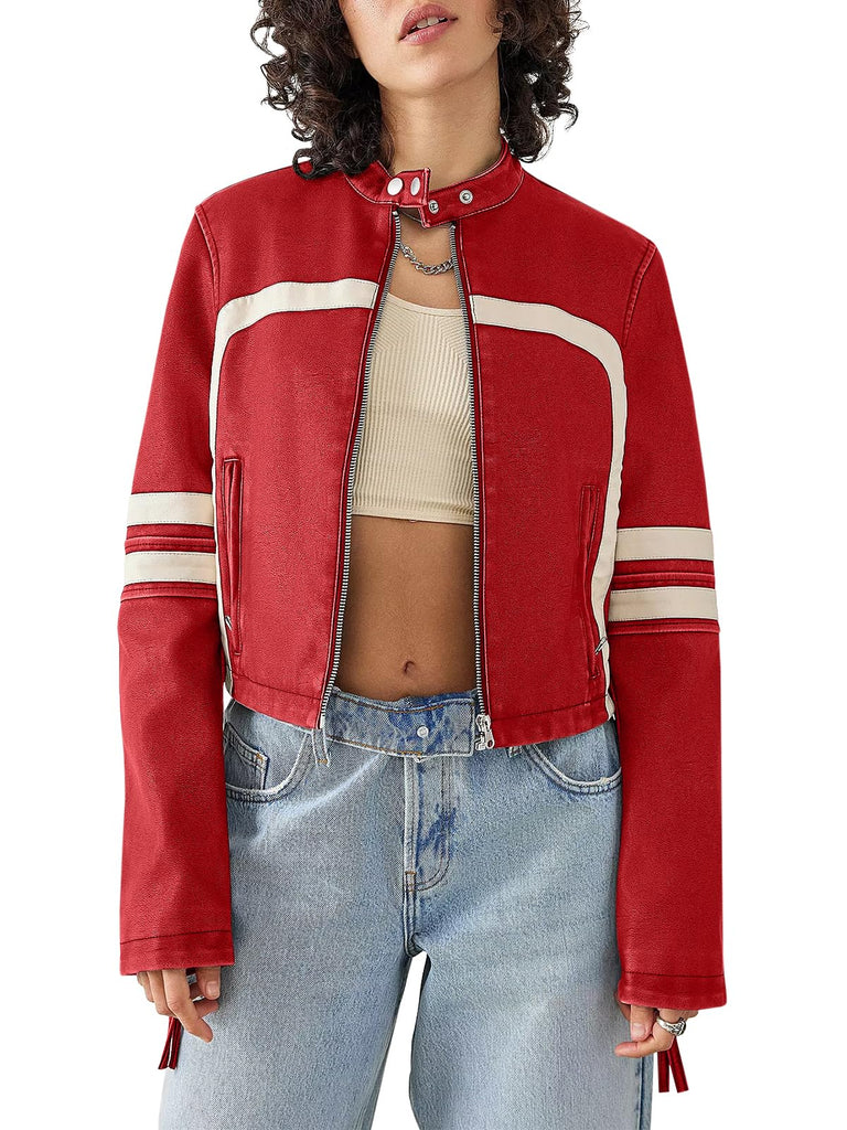 Saodimallsu Women’s Faux Leather Jackets Zip Up Stand Collar Cropped Motocross PU Coats