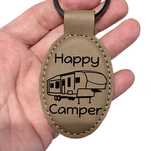 Pawtastic Designs Custom Engraved Happy Camper with 5th Wheel Key Chain Leatherette Tag with Personalized Message
