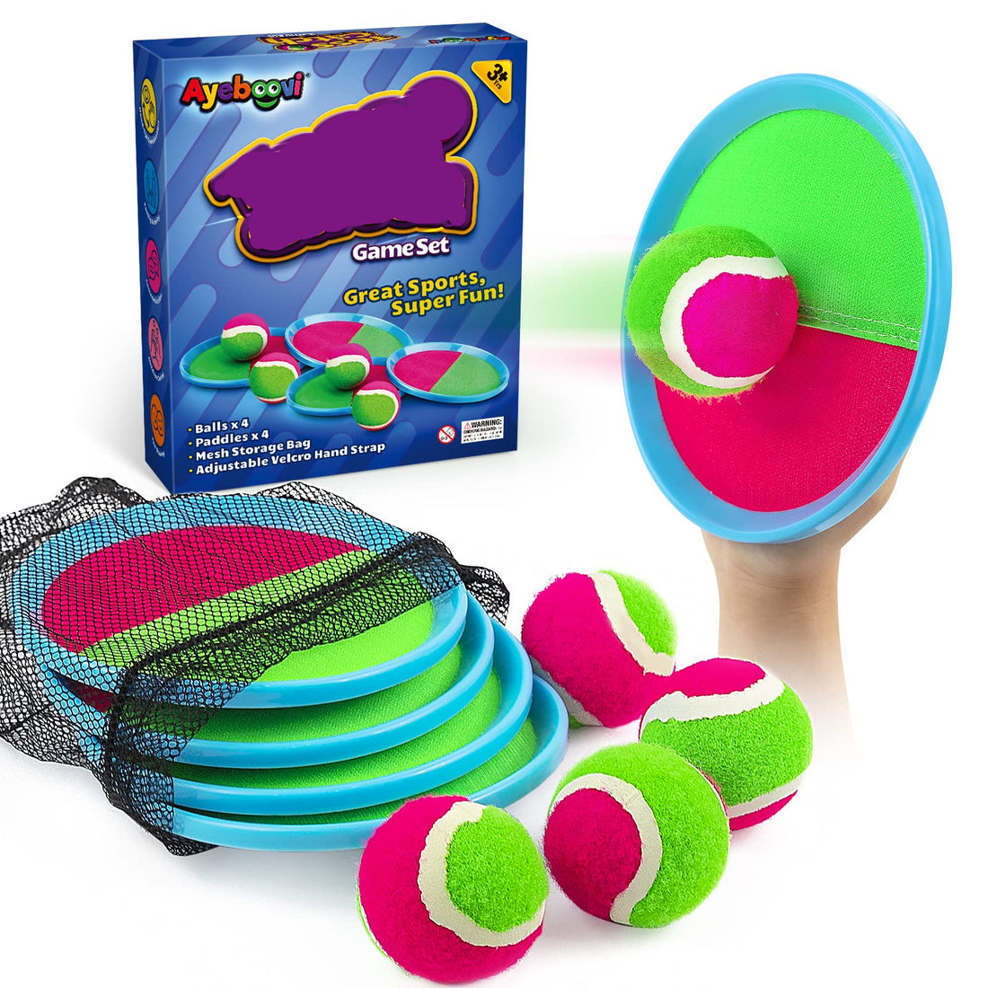 Toss & Catch game set with packaging, discs, and balls on a white background