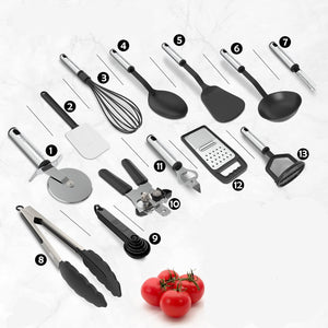 Set of kitchen utensils with dimensions labeled on a white background