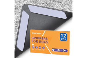 ZONGOOL 12 PCS Rug Tape, Reusable Washable Grippers for Rugs, Double Sided Non-Slip Rug Pads for Hardwood Floors, Rug Stoppers to Prevent Sliding, White