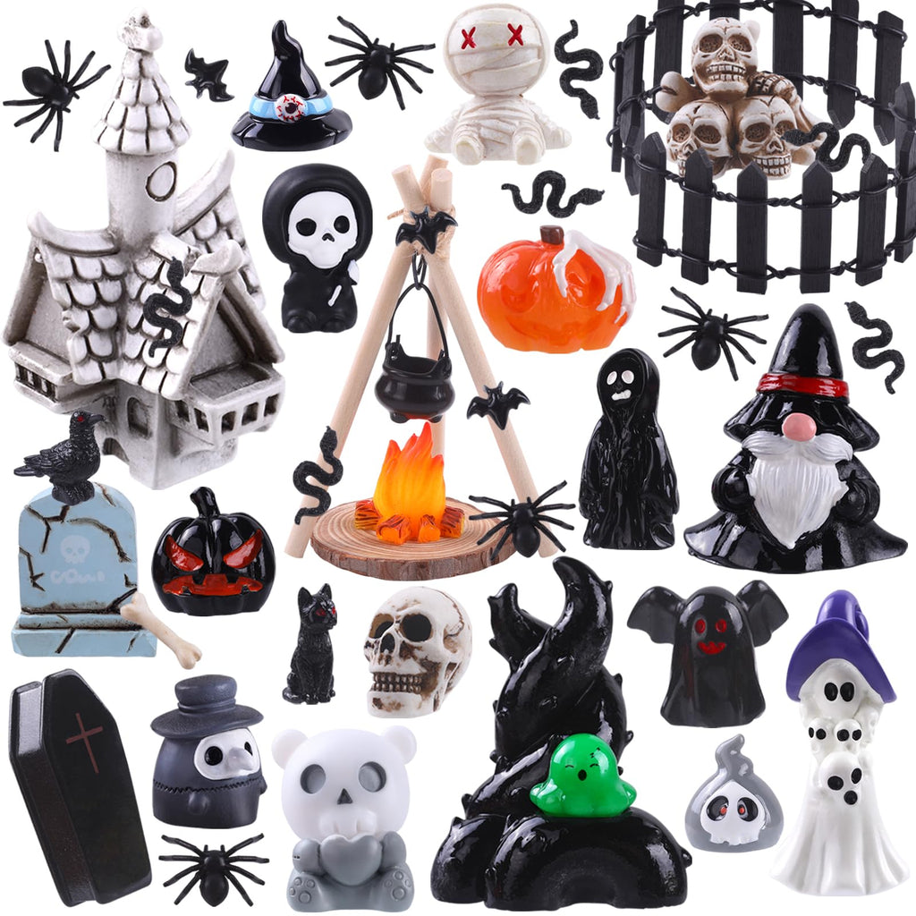 DIYDEC 54pcs Halloween Mini Resin Figures, Tiny Figurines to Hide Toys Little Small Ghost Skull Miniatures Bulk for Halloween Party Favors Bag Fillers Garden Dollhouse Decor