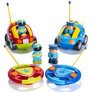 PREXTEX Cartoon Remote Control Car - 2-Pack Police and Race Car Toddler Toys - RC Cars for Kids with Different Frequencies - Easy Remote Control Toy and Thoughtful Gifts for Boys and Girls