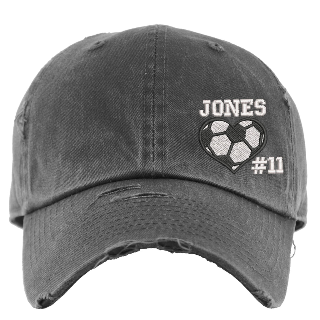 Soccer Heart Hat w/Custom Name and/or Number | Distressed Baseball Cap or Ponytail Hat | Personalized Soccer Gift