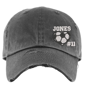 Soccer Heart Hat w/Custom Name and/or Number | Distressed Baseball Cap or Ponytail Hat | Personalized Soccer Gift