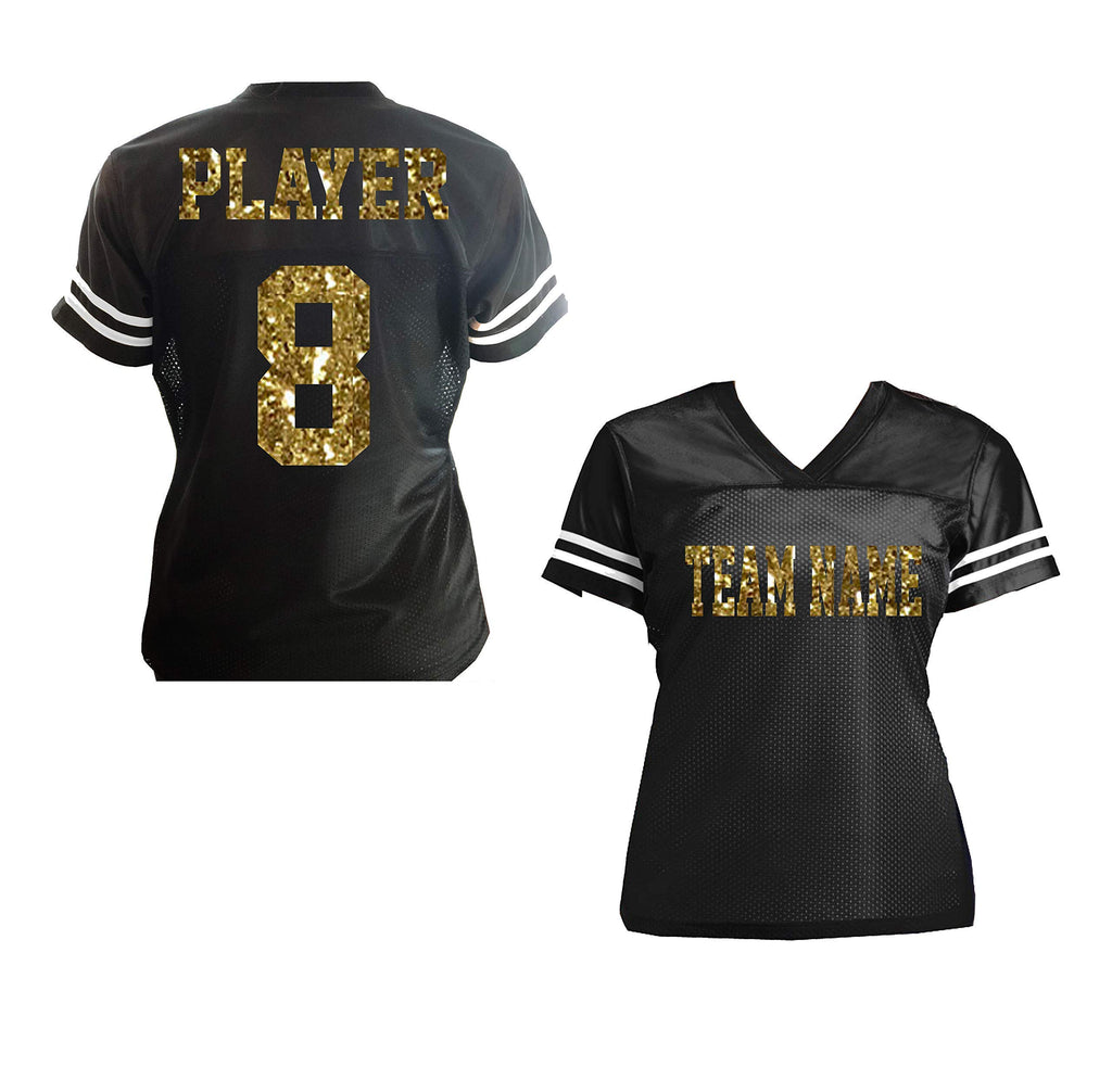 Bow Flip Flops Customized Team Name Glitter Women's Football Jersey Shirt, Black Gold