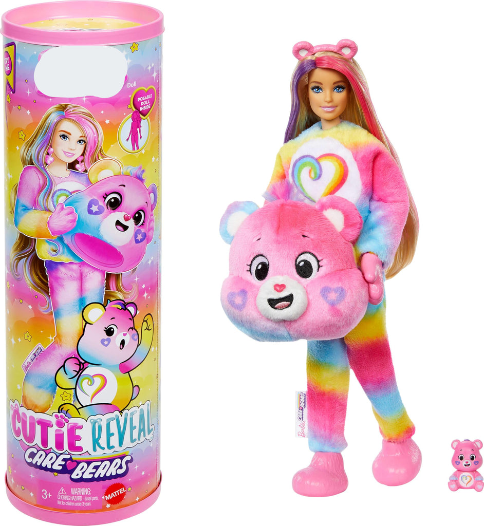 Barbie Cutie Reveal Care Bears toy set with doll and plush bear in front of packaging.