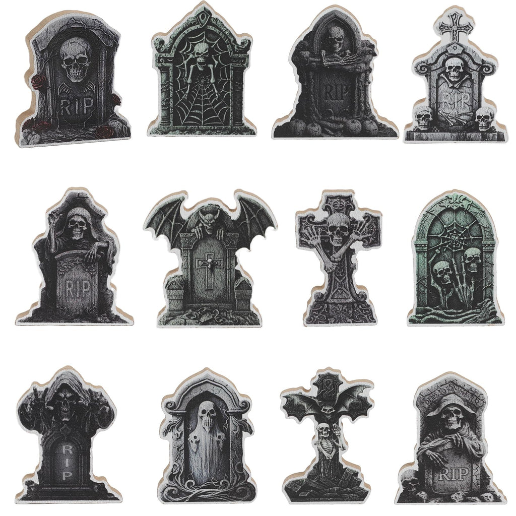FOIMAS 24pcs Miniature Halloween Tombstones,Mini Wooden Tombstone Figurines Gravestone Decor for Halloween Village DIY Craft Graveyard Scene Dollhouse Decoration Supply