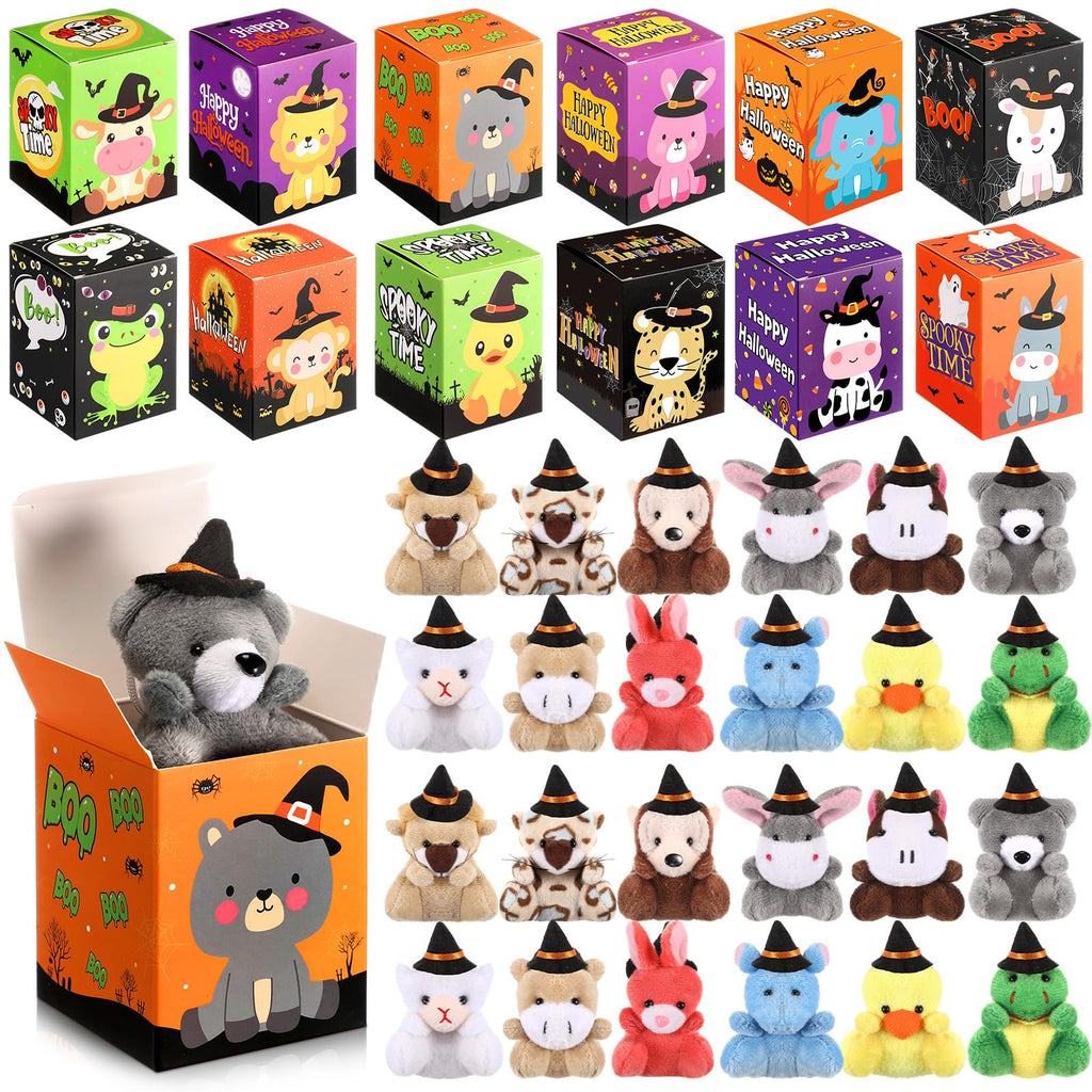 24 Sets Halloween Mini Animal Plush Toy with Gift Boxes Small Stuffed Animal with Witch Hat Gift Set for Halloween Trick or Treat Party Favors Goodie Bag Filler