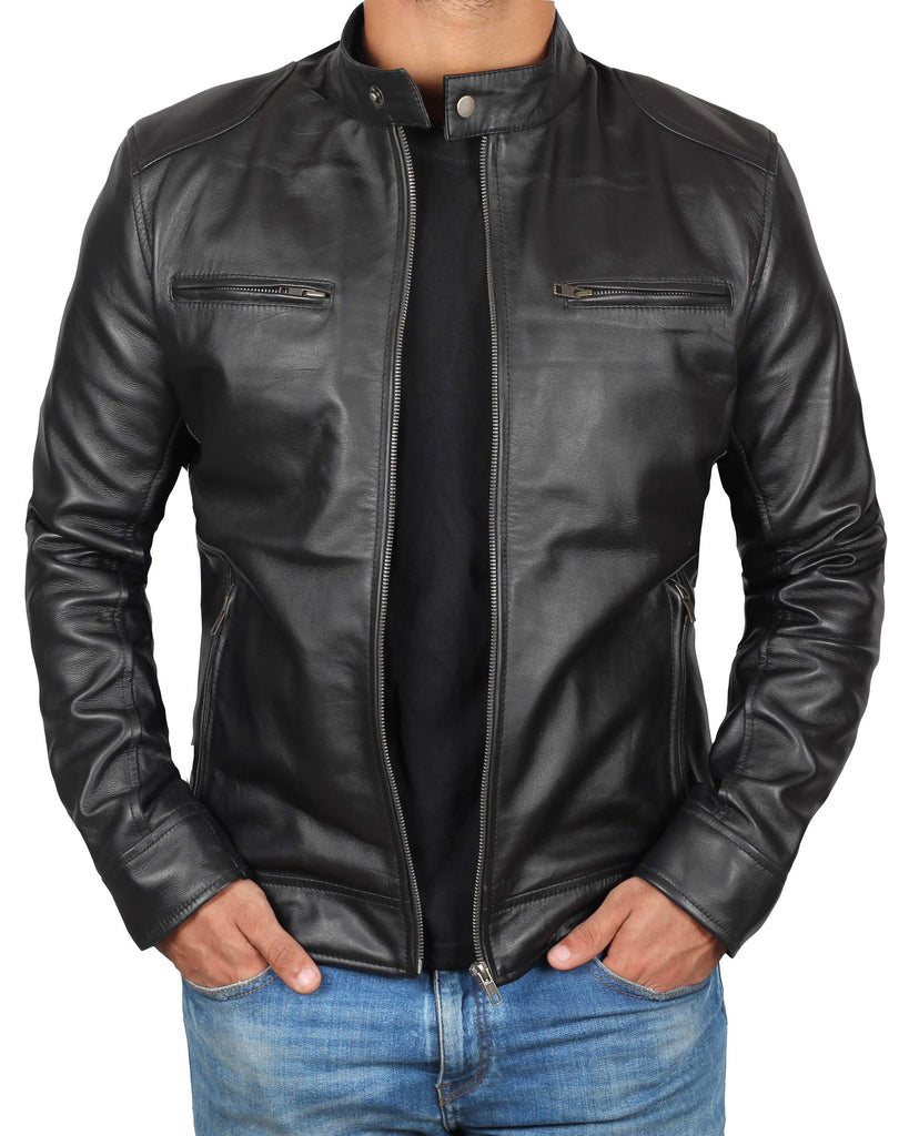 Decrum Mens Leather Jacket - Cafe Racer Style Real Lambskin Leather Jacket Men