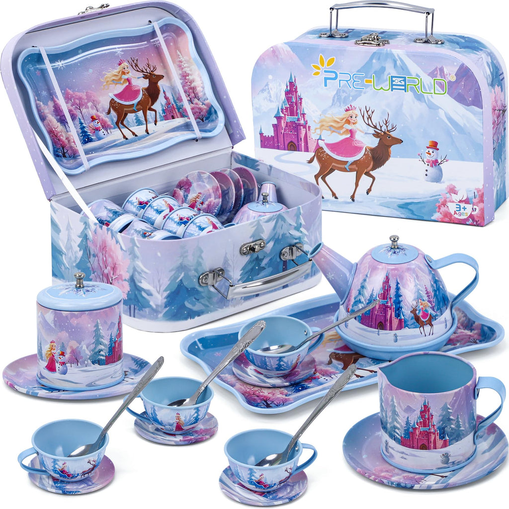 Tea Party Sets for Toddlers 3-5,PRE-WORLD Princess Tea Time Toy with Tray, Teapot, Tea Cups, Cream Pitcher, Sugar Bowl, Coasters, Plates?Kids Kitchen Pretend Play for Girls Boys Age 3 4 5 6
