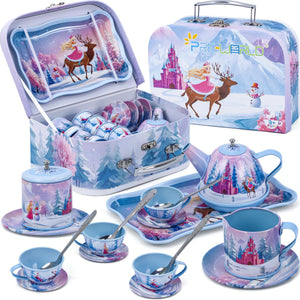 Tea Party Sets for Toddlers 3-5,PRE-WORLD Princess Tea Time Toy with Tray, Teapot, Tea Cups, Cream Pitcher, Sugar Bowl, Coasters, Plates?Kids Kitchen Pretend Play for Girls Boys Age 3 4 5 6