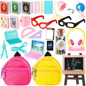 Mini School Supplies, 30Pcs Doll School Supplies Includes Mini Doll Backpack Laptops Glasses Blackboard Book Palette Paper Ruler Scissors Calculator for Dolls Accessories Set