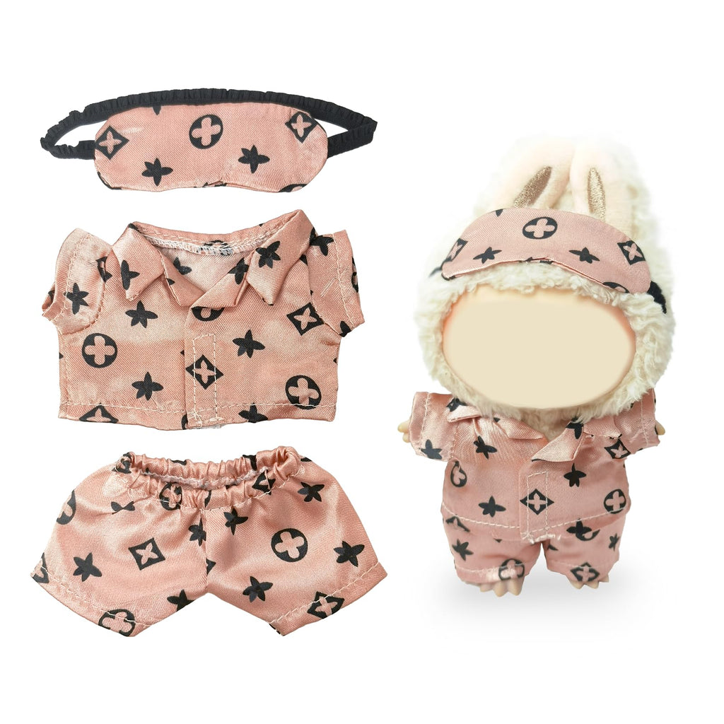 Clothes Compatible with LABUBU Doll - 3PCS Classic Set, 17cm Doll Clothes Designer Outfit for Cozy Night Theme, Stylish Luxury Pajama Accessories for Labubu, No Doll (Rosy Sleepwear Set)