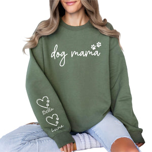Custom Dog Mom Sweatshirt with Pet Name & Heart on Sleeve, Personalized Dog Mama Hoodie or Crewneck, Cute Women’s Sweatshirt for Pet Lovers