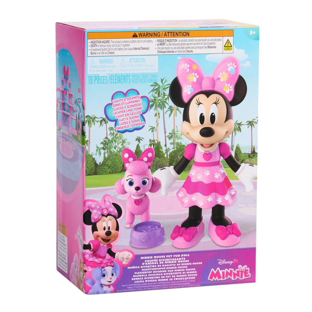 Disney Jr. Minnie Mouse Pet Fun Doll – 10-Inch Poseable Minnie Doll with Lights & Sounds, Accessories, Pink Poodle Toy, Kids Gift for Ages 3 and Up by Just Play