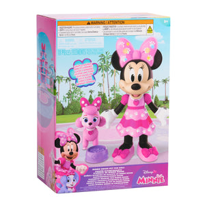 Disney Jr. Minnie Mouse Pet Fun Doll – 10-Inch Poseable Minnie Doll with Lights & Sounds, Accessories, Pink Poodle Toy, Kids Gift for Ages 3 and Up by Just Play