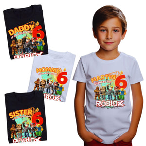 Custom Birthday Family Matching Shirts, Family Personalized Shirts, Robux Characters T-Shirts, Video Games t-Shirt, Blocks Shirt, Camiseta personalizada de Video Juegos White