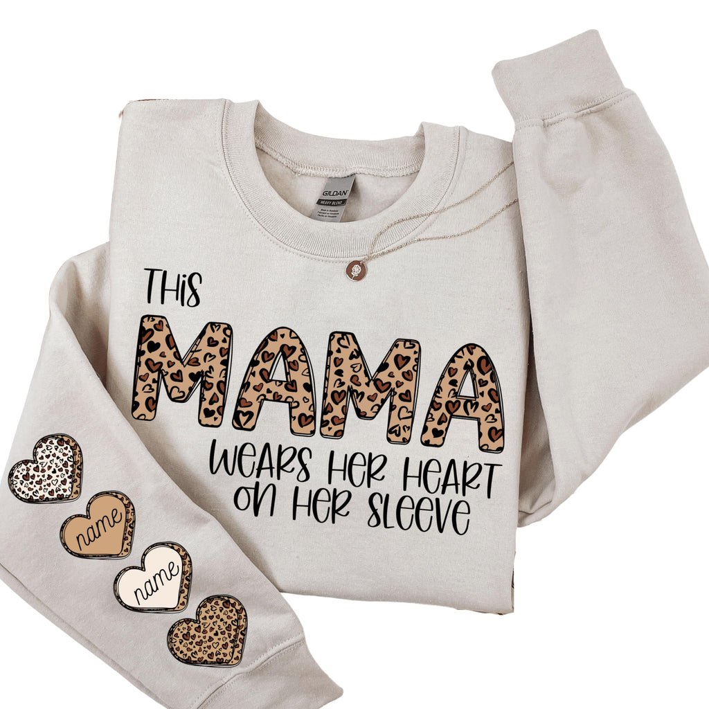 This Mama Wears Her Heart on Her Sleeve Sweatshirt, Leopard Cheetah, Kids Names Sweatshirt, Custom Mama Hoodie with Kids