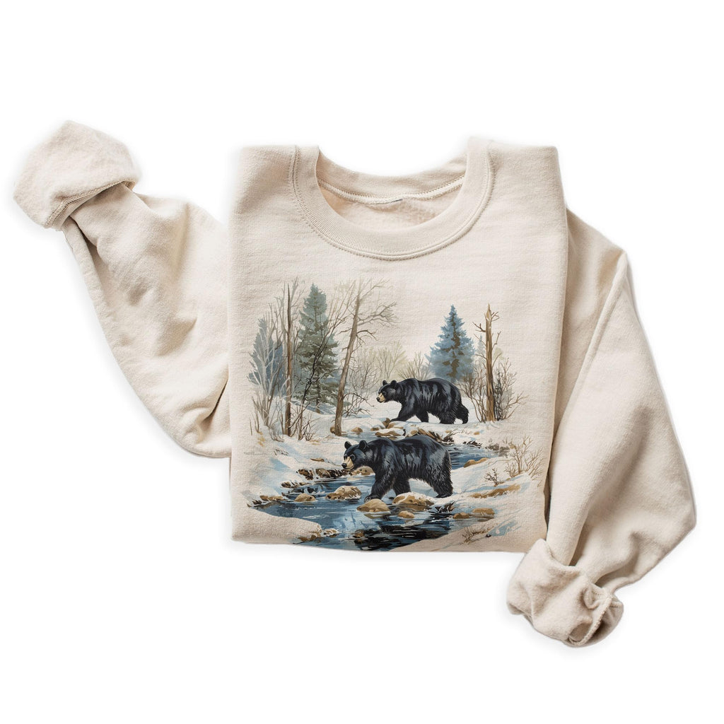 Vintage Black Bear Wilderness Creek Scene Sweatshirt - 90s Vintage Black Bears Sweatshirt - Scenic Winter Nature Sweater - Unisex Graphic Crewneck Sweatshirt