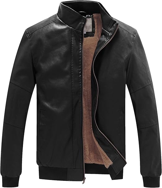 WenVen Men's Stand Collar Fleece Lined Bomber Faux Leather Jacket