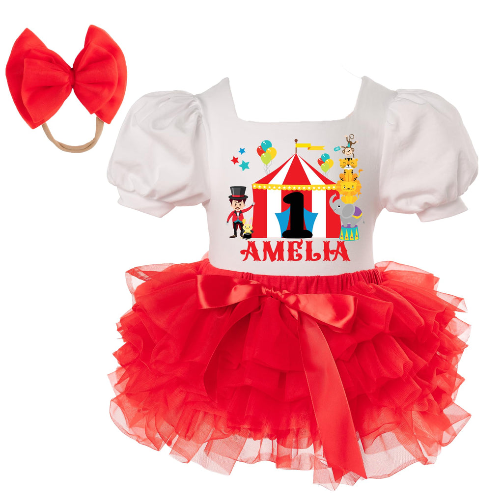 kids kingdom boutique Circus Birthday Girl Outfit Carnival theme 1st 2nd 3rd 4th 5th bday dress Cake Smash leotard with red tutu and matching headband