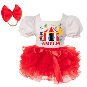 kids kingdom boutique Circus Birthday Girl Outfit Carnival theme 1st 2nd 3rd 4th 5th bday dress Cake Smash leotard with red tutu and matching headband