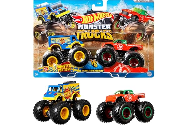 Hot Wheels Monster Trucks 2-Pack, Demolition Doubles Set of 2 Toy Vehicles in 1:64 Scale, for Kids & Collectors (Styles May Vary)